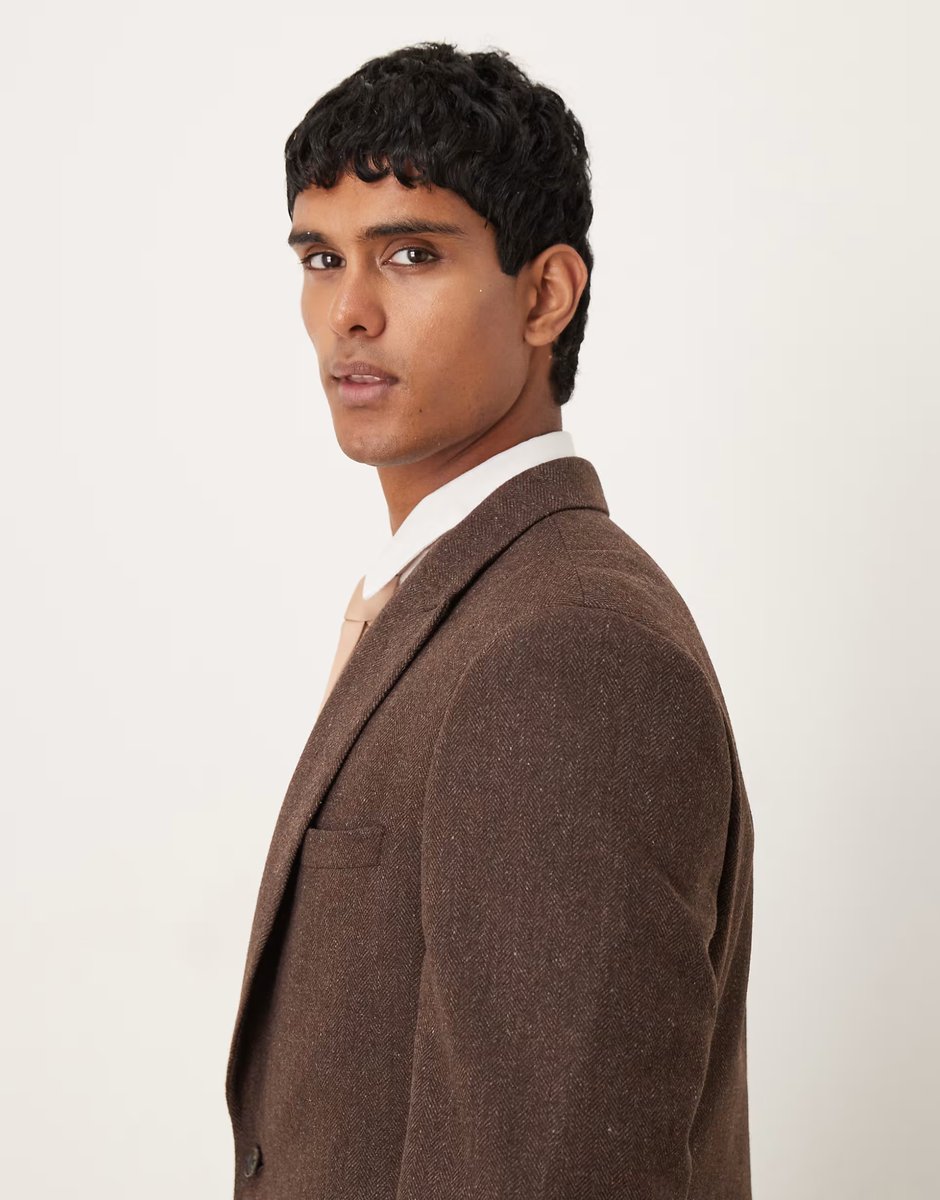 ASOS ASOS DESIGN slim herringbone suit jacket with wool in brown - 4