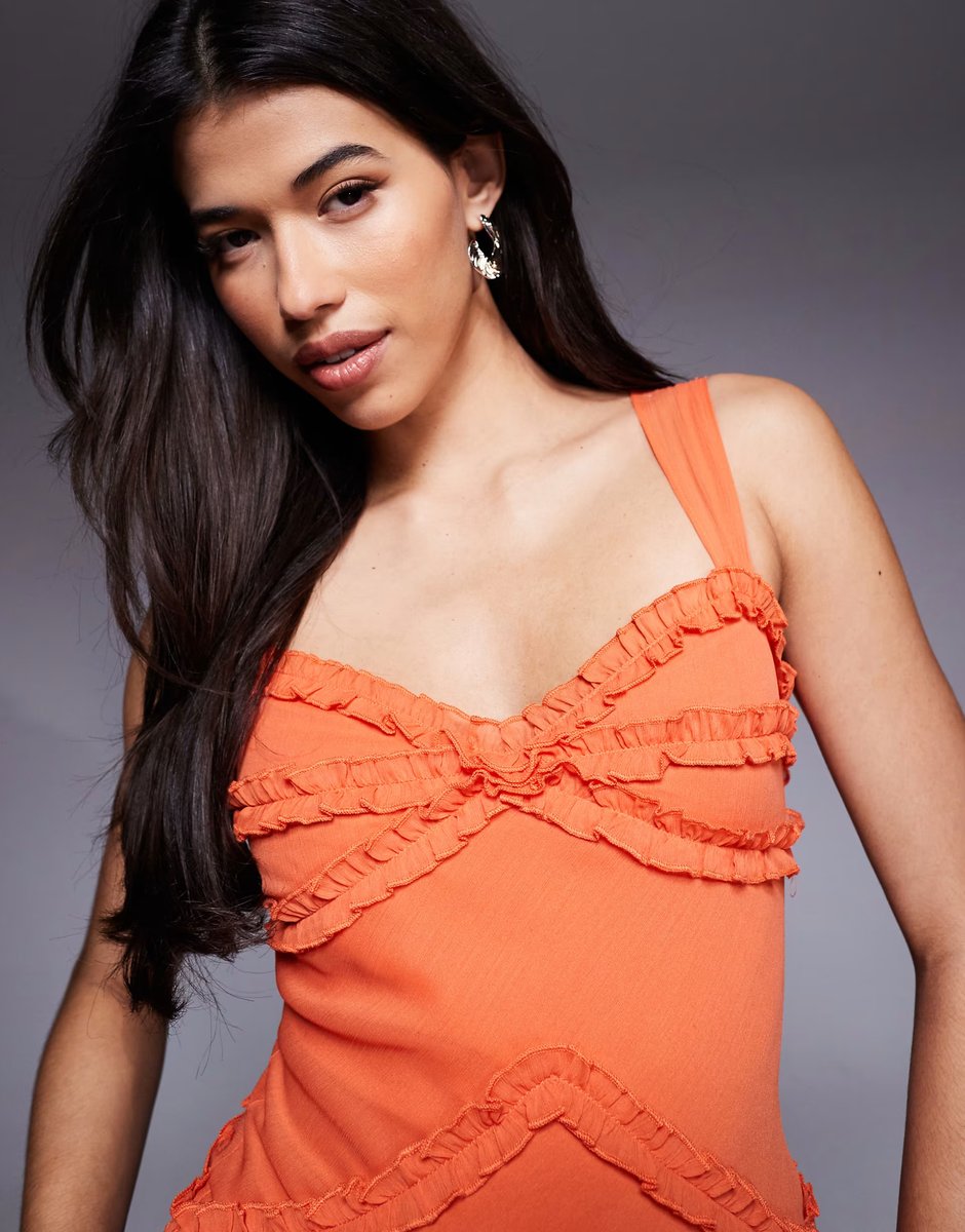 ASOS ASOS DESIGN chiffon micro ruffle detail cami mini dress with godet skirt in orange - 3
