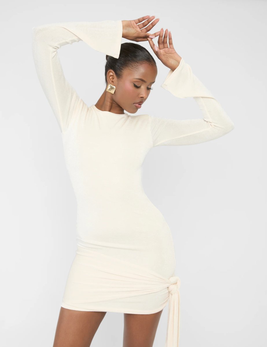 Public Desire Knot Drape Padded Shoulder Long Sleeve Mini Dress Cream - 2