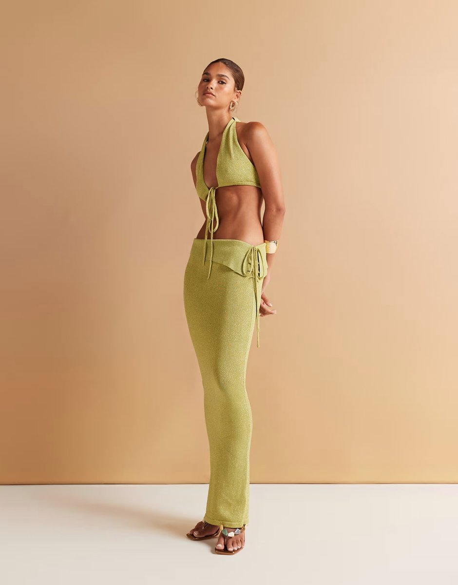 ASOS Wanderdoll Heidi metallic knitted bralette tie front beach top and knitted ruched side co-ord in lime - 3