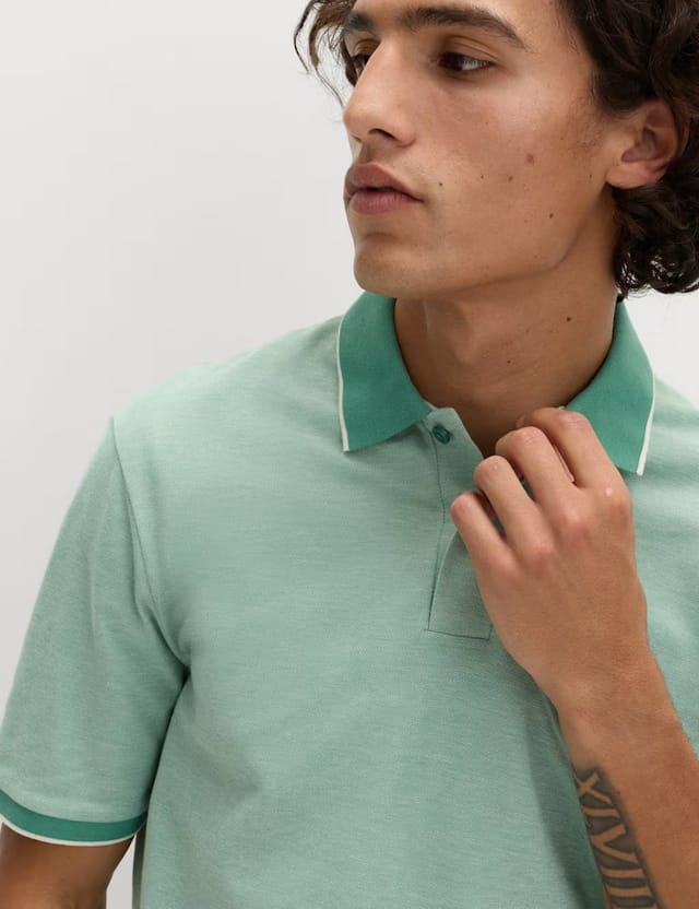 Marks & Spencer M&S Ultimate Tipped Pique Polo Shirt Dark Green Mix - 2