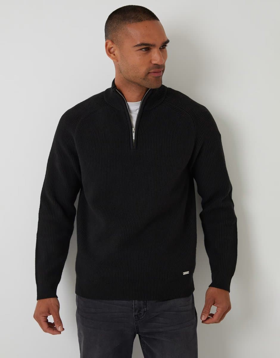 ASOS Threadbare Cotton blend rib panel quarter zip knitted jumper in black