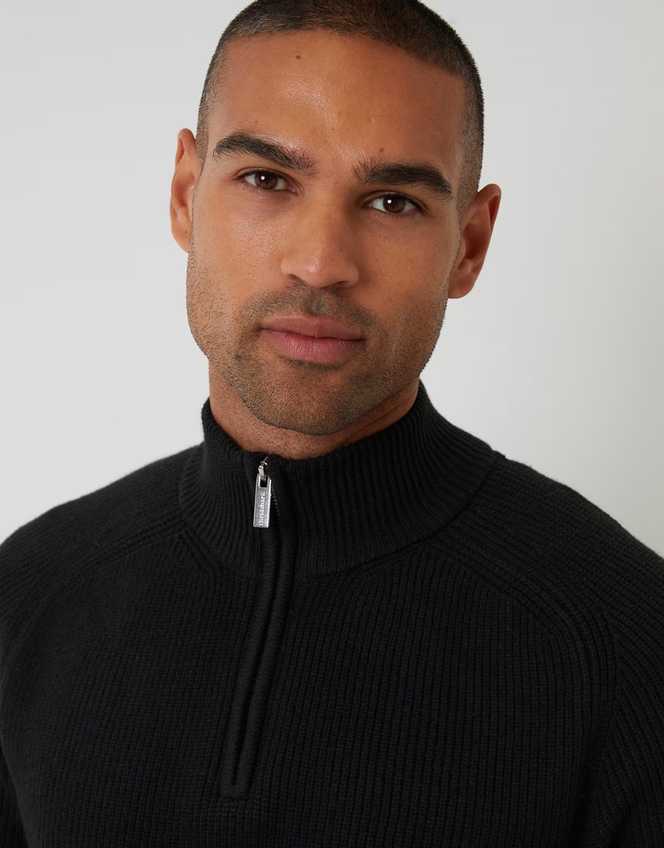 ASOS Threadbare Cotton blend rib panel quarter zip knitted jumper in black - 4