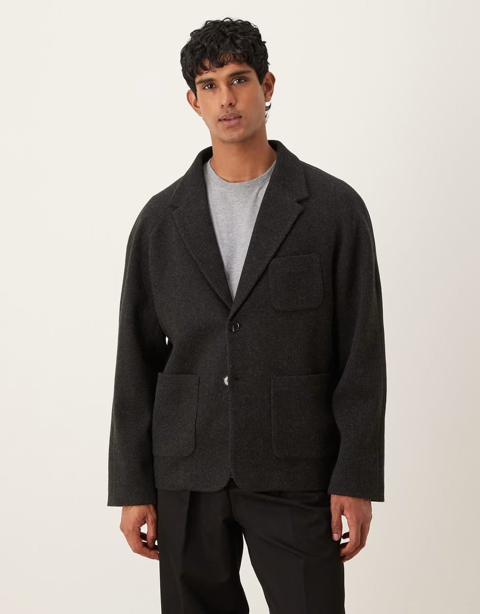 ASOS ASOS DESIGN Boxy Blazer with Wool Look in Dark Grey