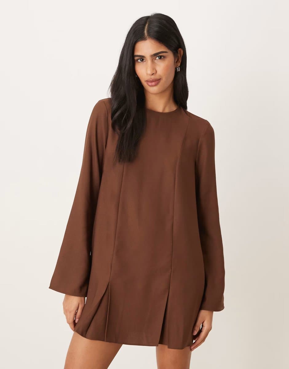 ASOS ASOS DESIGN long sleeve godet mini dress in chocolate