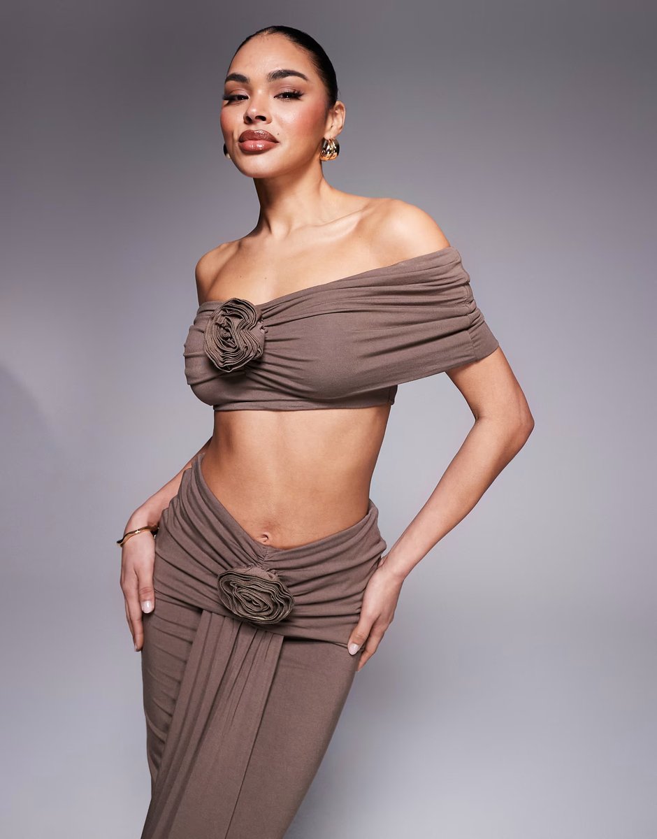 ASOS Wanderdoll Belle ruched bardot top and maxi skirt set with corsage drape detail in chocolate - 3