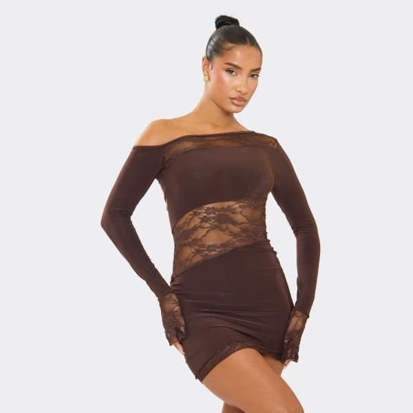 EGO Off The Shoulder Lace Insert Detail Mini Bodycon Dress In Chocolate Brown, Women's Size UK 6