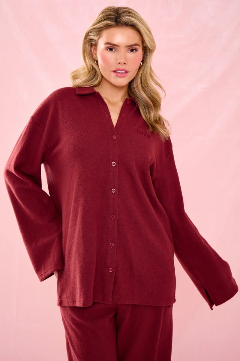 Kaiia Kaiia Warm Berry Supersoft Oversized Button Down Shirt