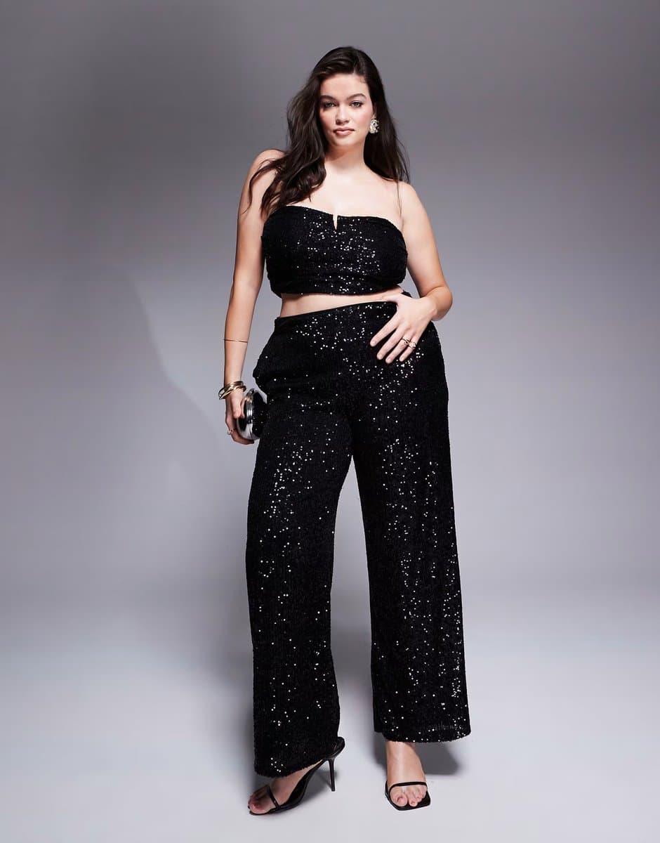 ASOS ASOS DESIGN Curve co-ord sequin wide leg trousers in black