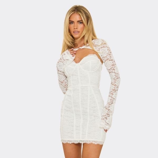 EGO Flared Detachable Sleeves Underwire Corset Detail Mini Dress In White Lace, Women's Size UK 6 - 1