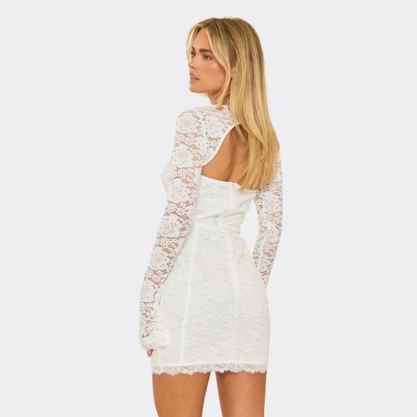 EGO Flared Detachable Sleeves Underwire Corset Detail Mini Dress In White Lace, Women's Size UK 6 - 2