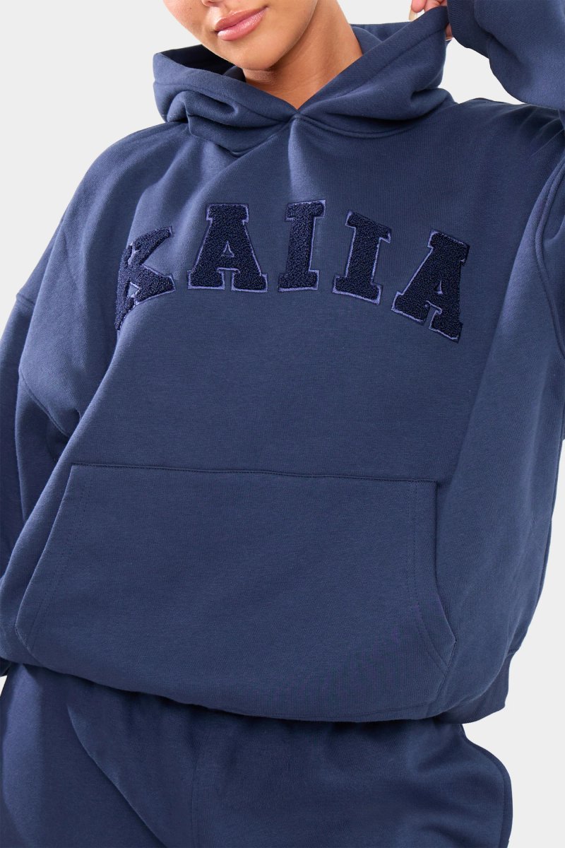 Kaiia Kaiia Borg Slogan Oversized Hoodie Deep Blue - 2
