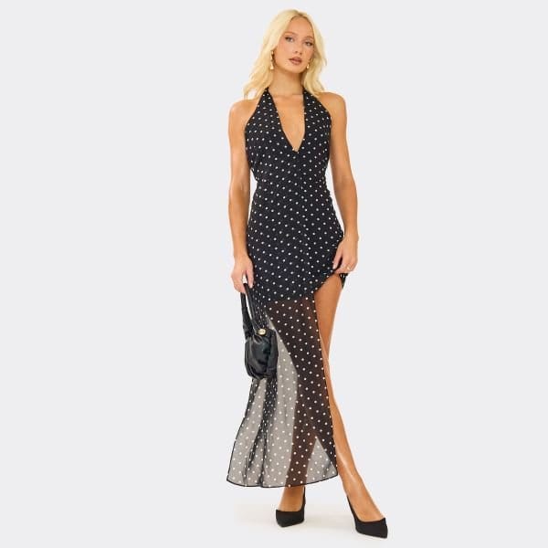 EGO Plunge Halterneck Front Drape Detail Mini Dress In Black Polka Dot, Women's Size UK 6 - 1