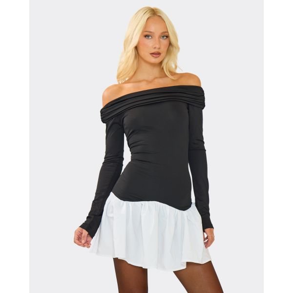 EGO Bardot Long Sleeve Contrast Pleated Mini Dress In Black, Women's Size UK Large L - 2