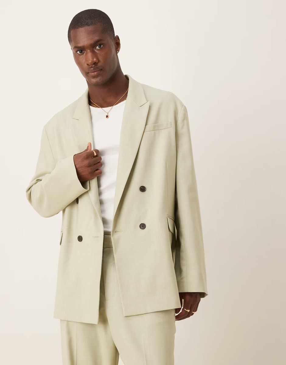 ASOS ASOS DESIGN linen look double breasted slouchy oversized suit jacket in sage green