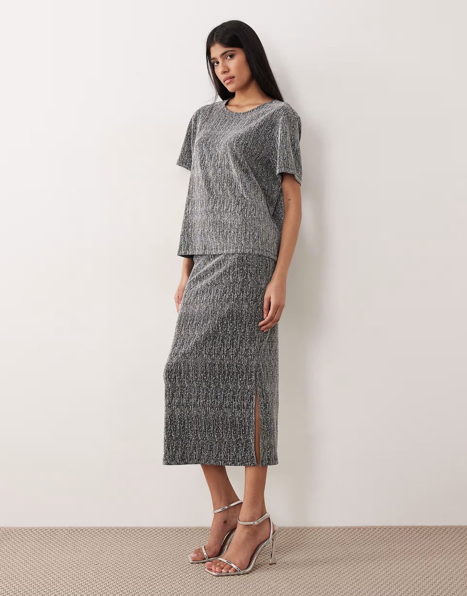 ASOS Vila glitter t-shirt and midi skirt set in silver - 2