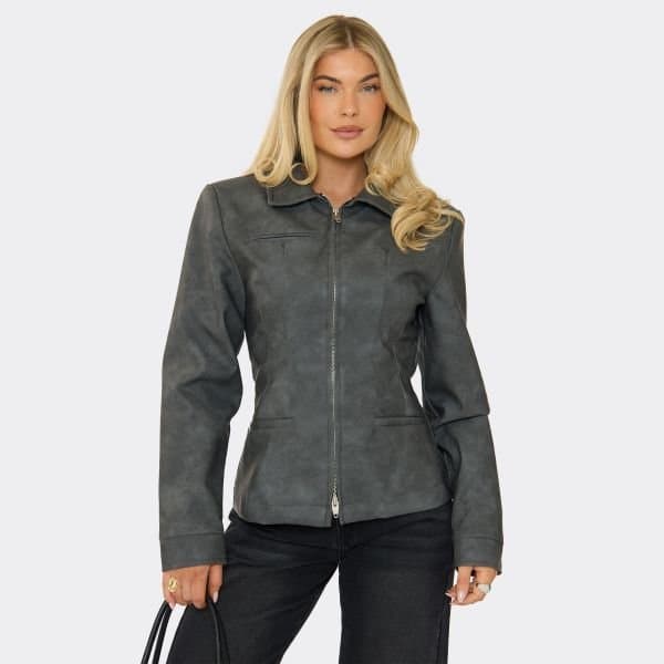 EGO SHOULDER PAD FAUX LEATHER CINCHED WAIST JACKET IN BLACK, Women's Size UK 6