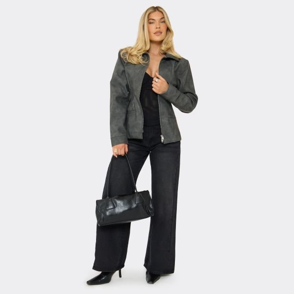 EGO SHOULDER PAD FAUX LEATHER CINCHED WAIST JACKET IN BLACK, Women's Size UK 6 - 2