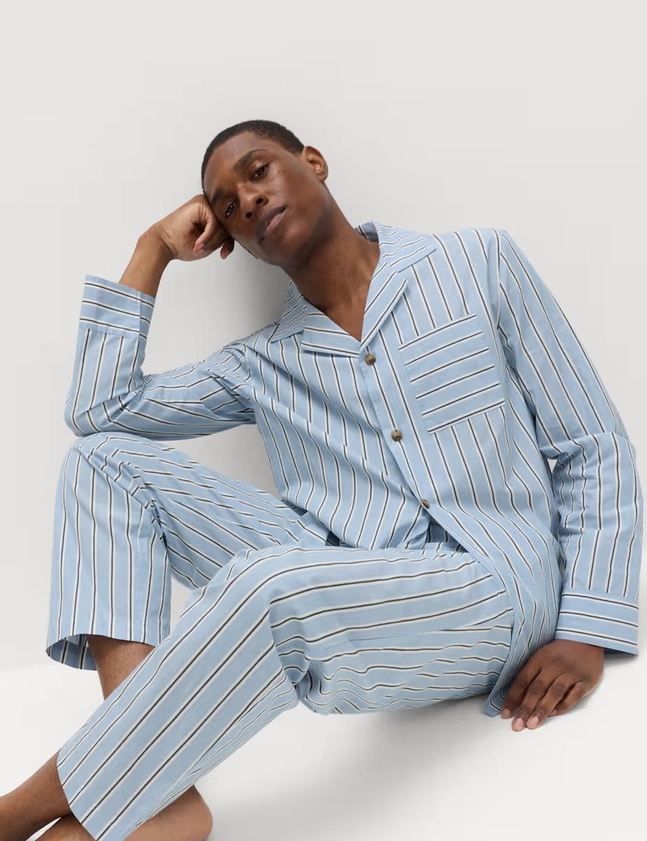 Marks & Spencer M&S Pure Cotton Striped Loungewear Bottoms Blue Mix - 4