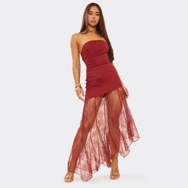 EGO Bandeau Asymmetric Contrast Lace Skirt Detail Midi Dress In Rust, Women's Size UK 6