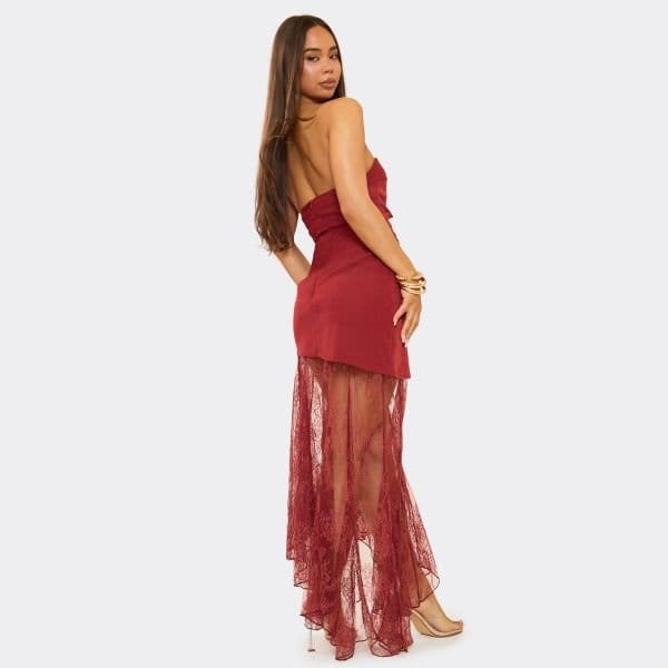 EGO Bandeau Asymmetric Contrast Lace Skirt Detail Midi Dress In Rust, Women's Size UK 6 - 2