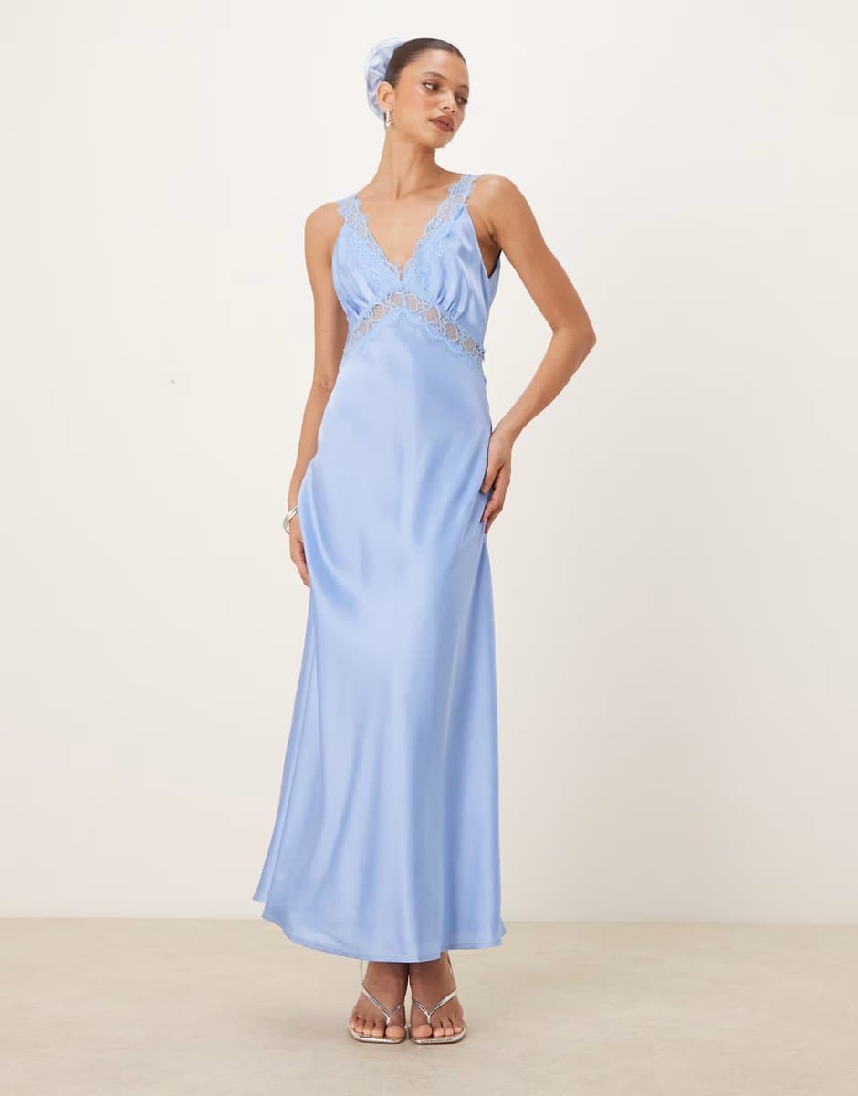 ASOS OMNES Aurelia Lace Trim Satin Maxi Dress in Blue