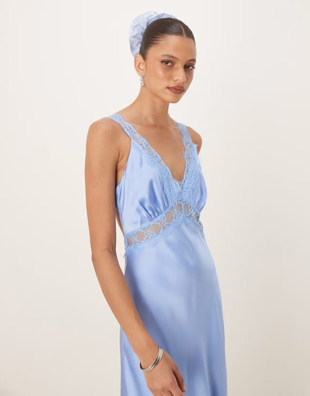 ASOS OMNES Aurelia Lace Trim Satin Maxi Dress in Blue - 3