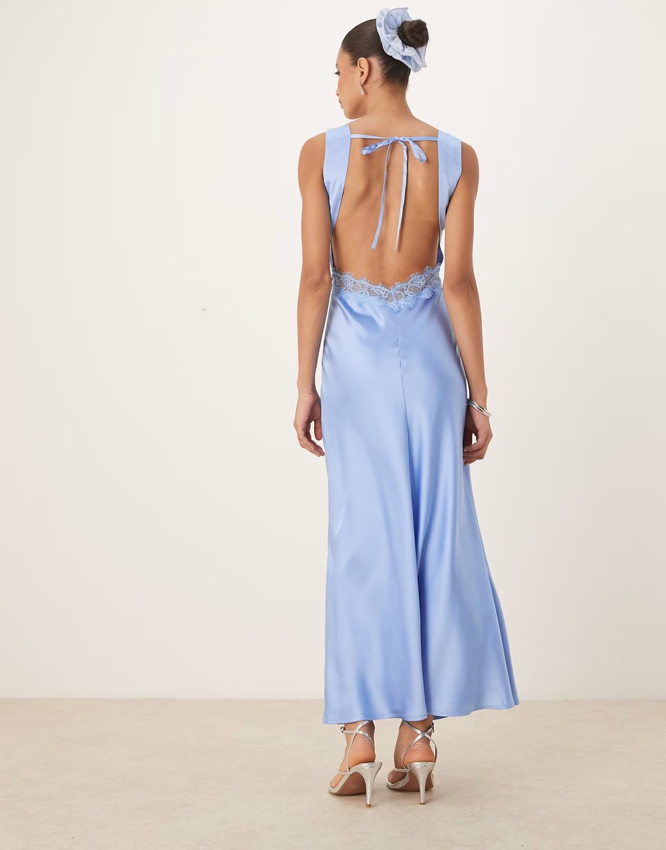 ASOS OMNES Aurelia Lace Trim Satin Maxi Dress in Blue - 4
