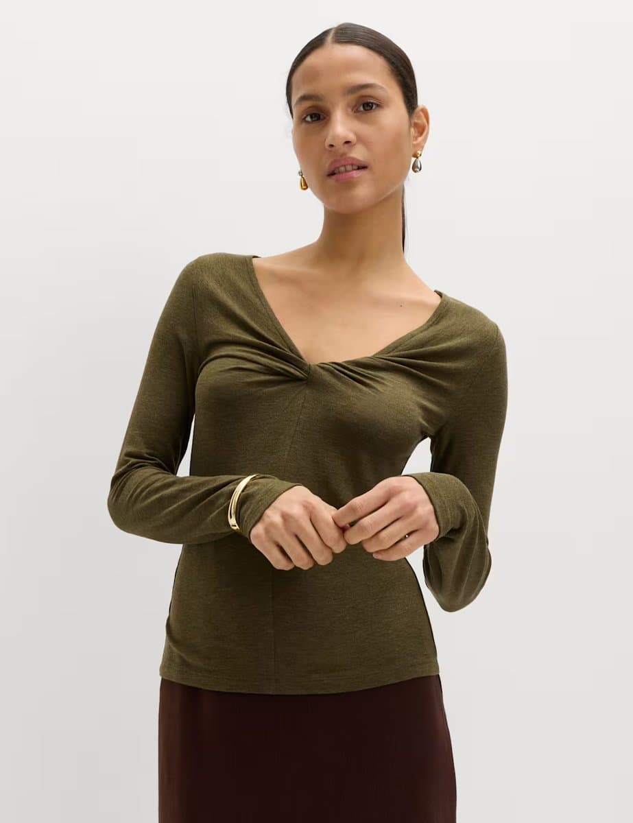 Marks & Spencer M&S Twist Detail Long Sleeve Top in Khaki