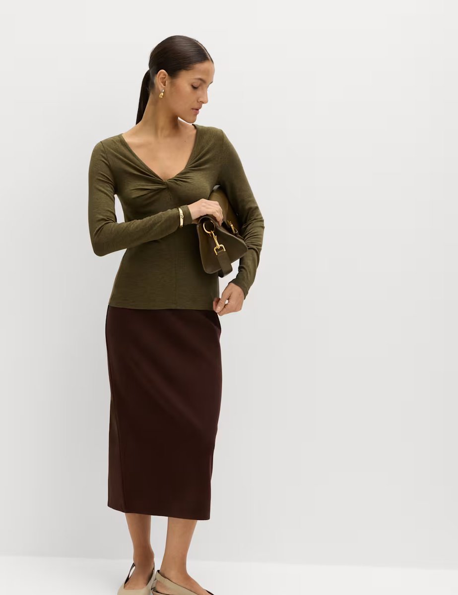 Marks & Spencer M&S Twist Detail Long Sleeve Top Khaki - 3