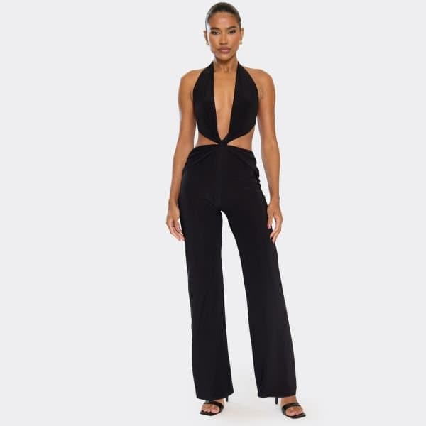EGO Plunge Halterneck Cut Out Knot Detail Jumpsuit In Black, Women's Size UK 6