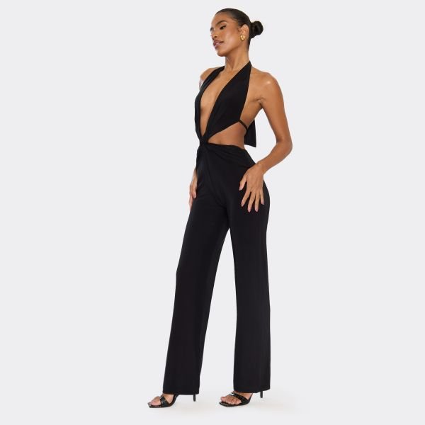 EGO Plunge Halterneck Cut Out Knot Detail Jumpsuit In Black, Women's Size UK 6 - 2