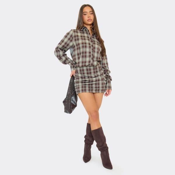EGO Ruched Side Mini Shirt Dress In Grey Check Print, Women's Size UK 6 - 1