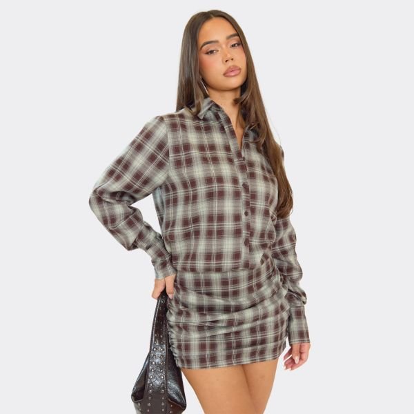 EGO Ruched Side Mini Shirt Dress In Grey Check Print, Women's Size UK 6 - 2