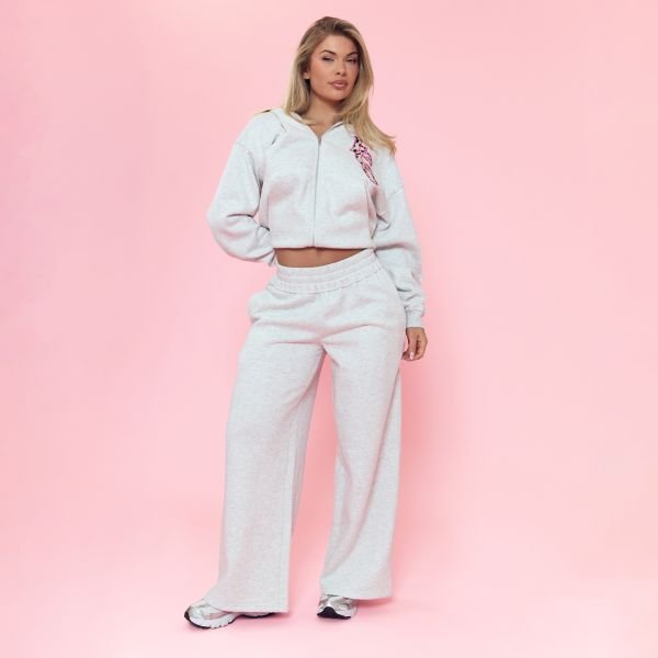 EGO Low Rise Ego Leopard Print Graphic Wide Leg Joggers In Light Grey Marl, Women's Size UK 6 - 1