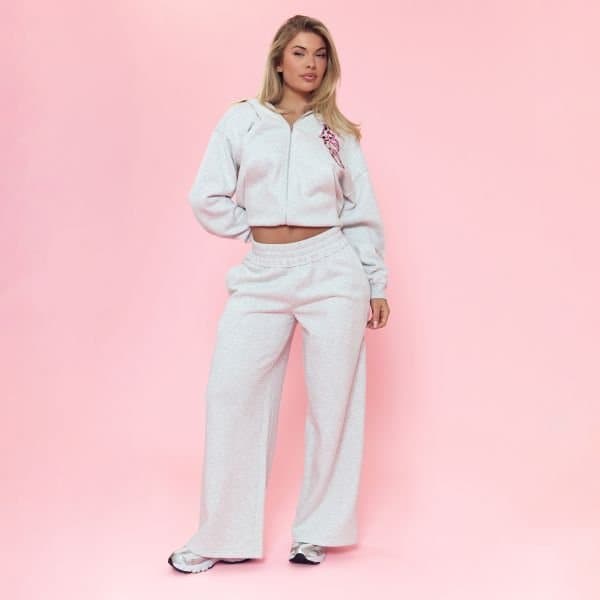 EGO Low Rise Ego Leopard Print Graphic Wide Leg Joggers In Light Grey Marl, Women's Size UK 6