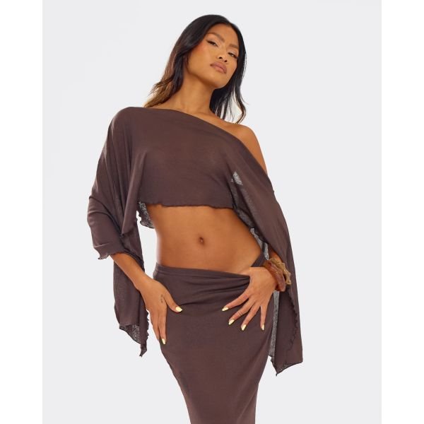 EGO Asymmetric Lettuce Hem Detail Cape Top In Brown, Women's Size UK 10 - 2