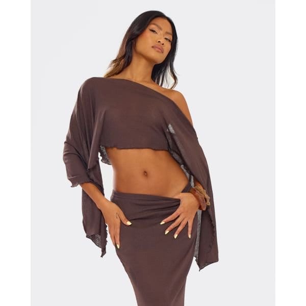 EGO Asymmetric Lettuce Hem Detail Cape Top In Brown, Women's Size UK 10 - 2