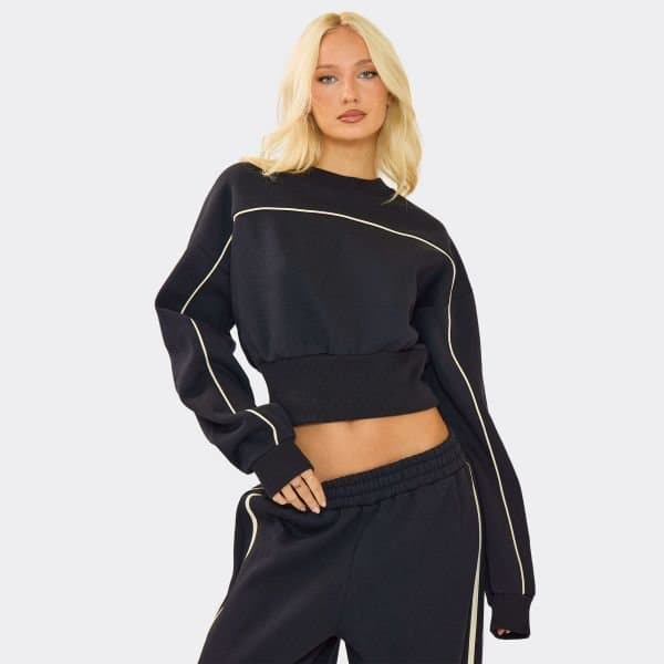 EGO Long Sleeve Contrast Piping Detail Cropped Sweatshirt In Dark Navy Blue, Women's Size UK 4