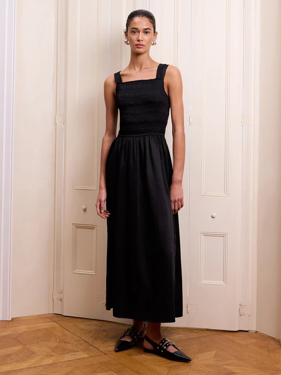 OMNES OMNES Satin Midi Dress with Shirred Top in Black