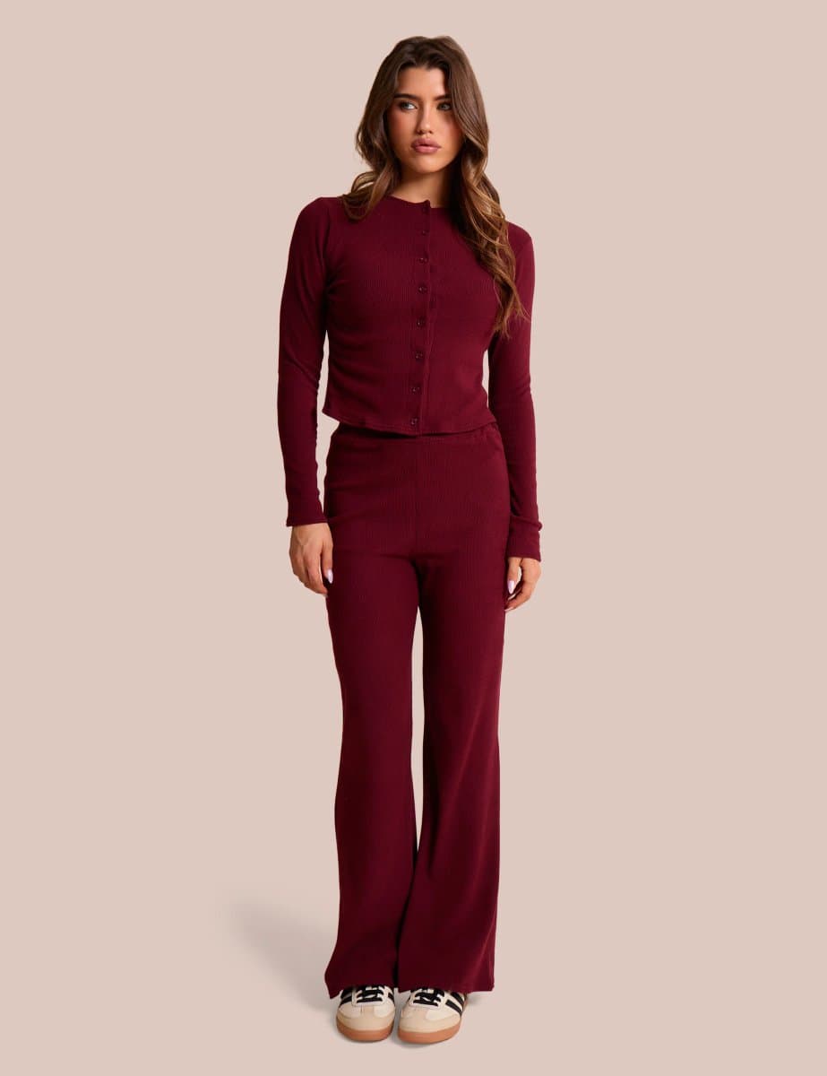 Public Desire High Waist Rib Wide Leg Trouser Burgundy