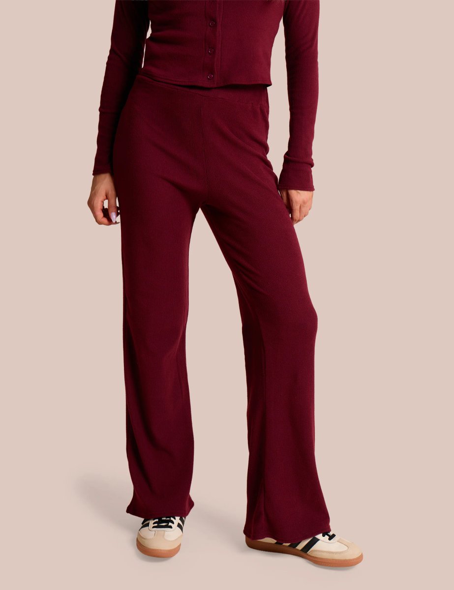 Public Desire High Waist Rib Wide Leg Trouser Burgundy - 2