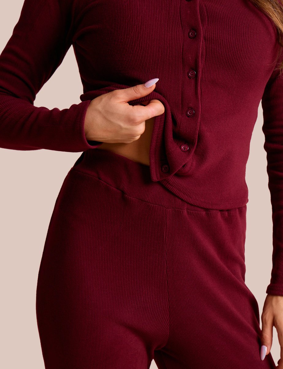 Public Desire High Waist Rib Wide Leg Trouser Burgundy - 4