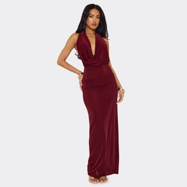 EGO Extreme Cowl Neck Open Back Maxi Dress In Burgundy Slinky, Women's Size UK 6 - 1