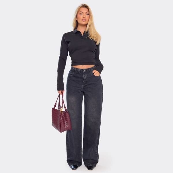 EGO Extreme Low Rise Boyfriend Jeans In Black Denim, Women's Size UK 4 - 1