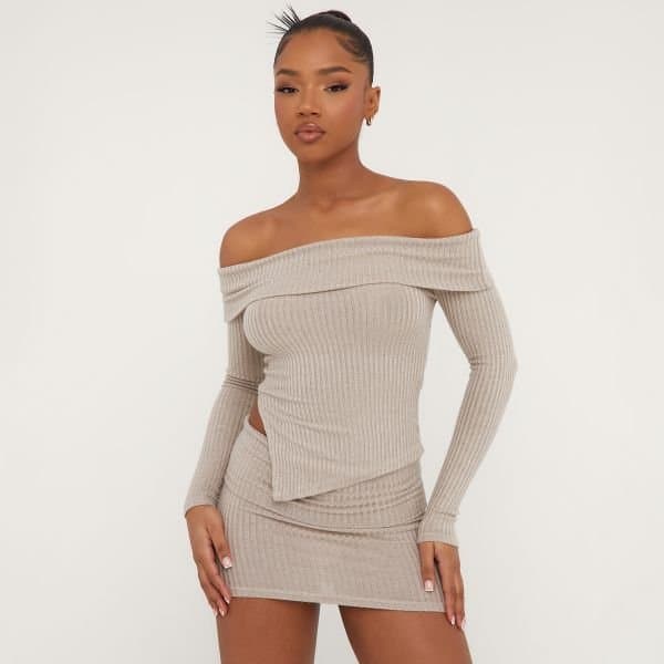 EGO Fold Over Waistband Mini Bodycon Skirt In Stone Soft Ribbed, Women's Size UK 4