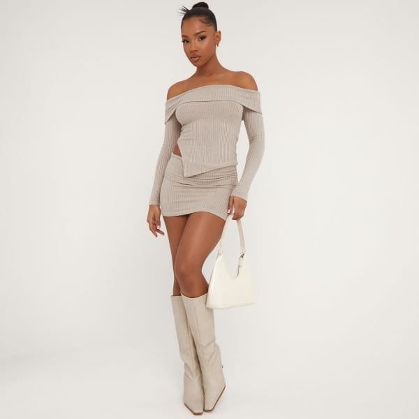 EGO Fold Over Waistband Mini Bodycon Skirt In Stone Soft Ribbed, Women's Size UK 4 - 2