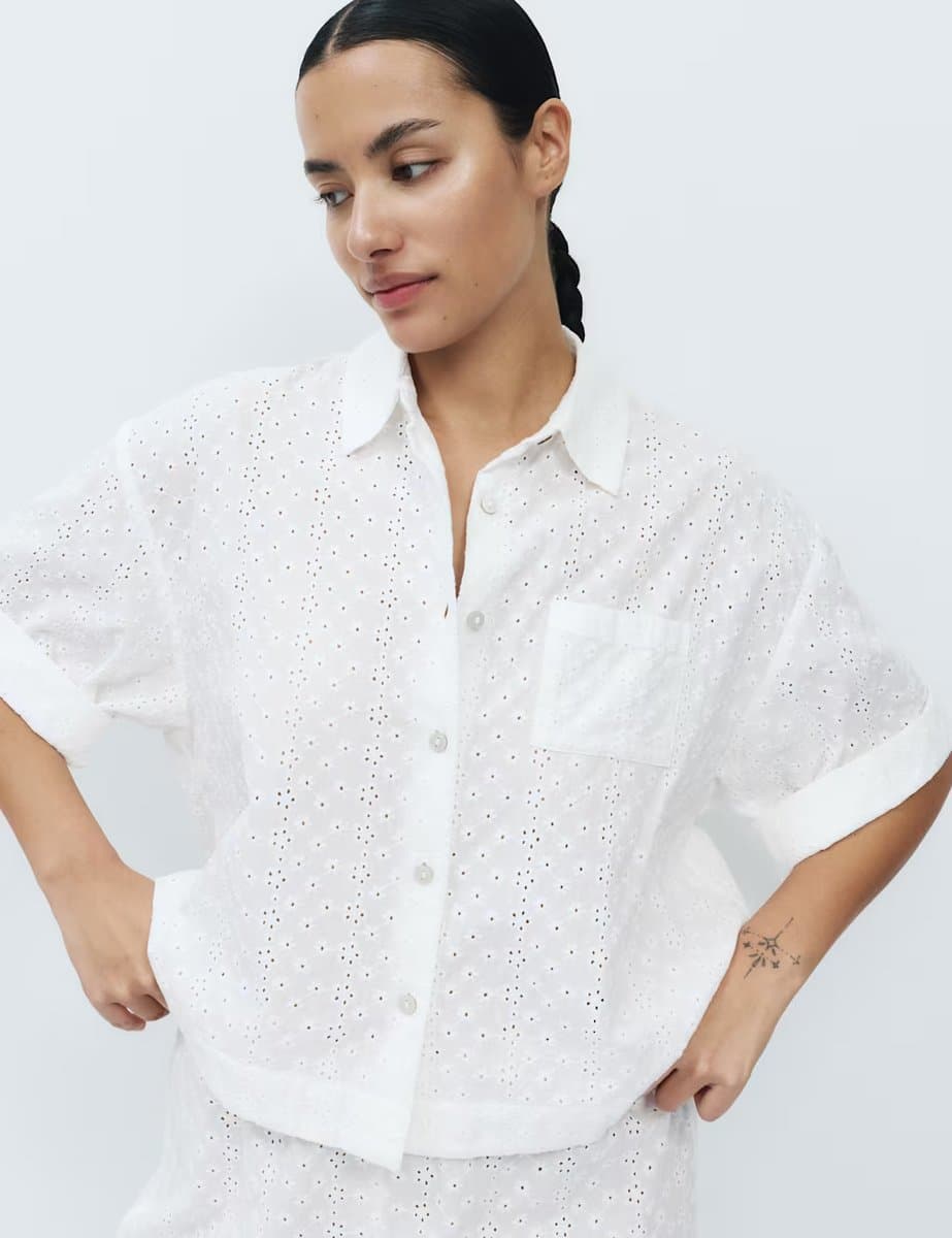 Marks & Spencer M&S Pure Cotton Broderie Short Sleeve Pyjama Shirt White