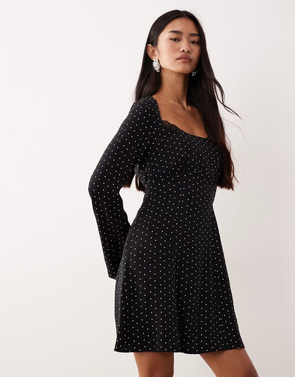 ASOS Nobody's Child Olivia lace square neck mini dress in black polka dot