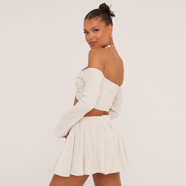 EGO High Waist Flippy Hem Mini Skirt In Stone Linen, Women's Size UK 4 - 2